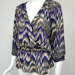 Parker Faux Wrap Chiffon 3/4 Sleeve Chevron Cinched Waist Blouse Top Size XS